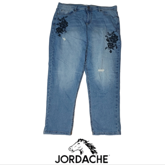 Jordache Distressed High Rise Black Floral Embroidered Jeans - Picture 1 of 10